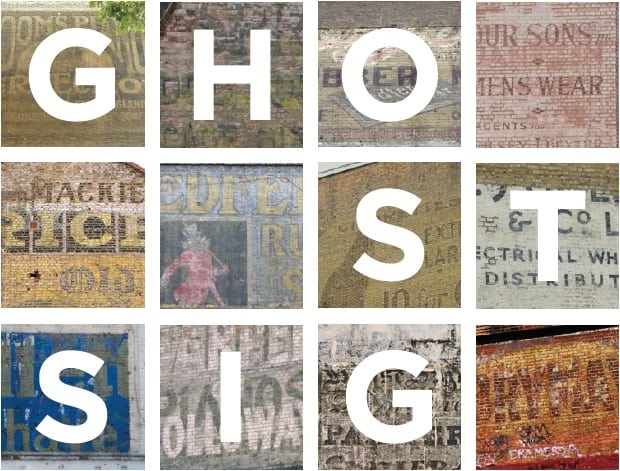 Squares showing various pieces of fading hand-painted advertising on walls