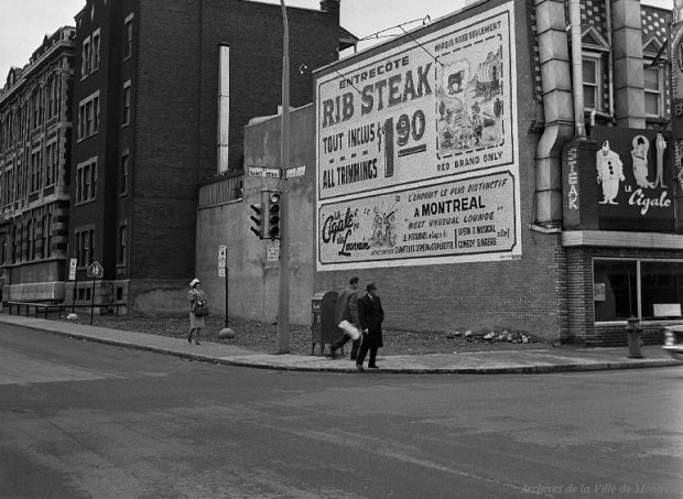 Montréal street scene with ghostsign in archival image