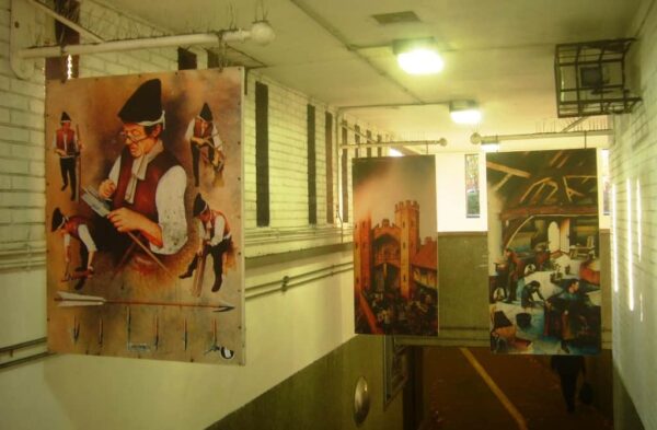 The reverse sides of the hanging signs.