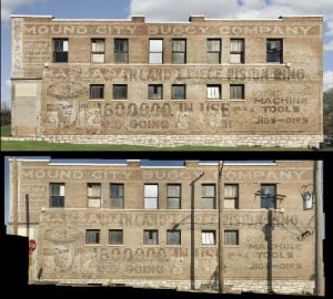 Mound City Buggy Company before and after by Ken Jones Before and after images of Dr Ken Jones' mosaic technique for photographing ghostsigns