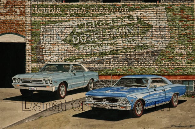 Double Your Pleasure by Dana Forrester Watercolour by Dana Forrester showing two classic cars in front of a painted wall sign for Wrigley's Doublemint gum
