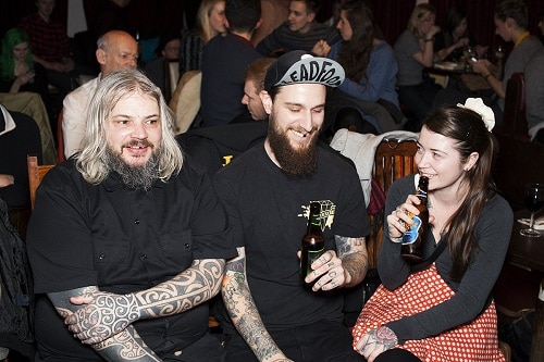 Time for a beer and a laugh in spite of the weather and tube strike trying to disrupt the screening (Photo: AJ Levy, www.ajlevy.co.uk)