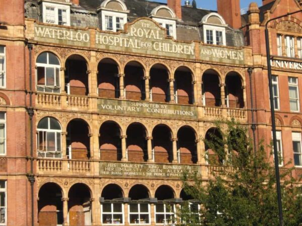 Architectural lettering on The Royal Waterloo Hospital for Children and Women