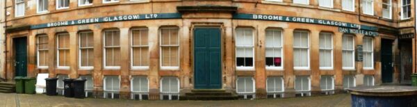 Panorama of ghostsigns for Broome & Green, Dan Wuille, and A. Allan in Patrick Thomas Court, Glasgow