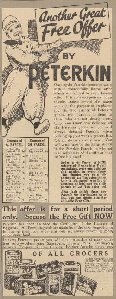 Advertisement for Peterkin products with headline 'Another great free offer by Peterkin'