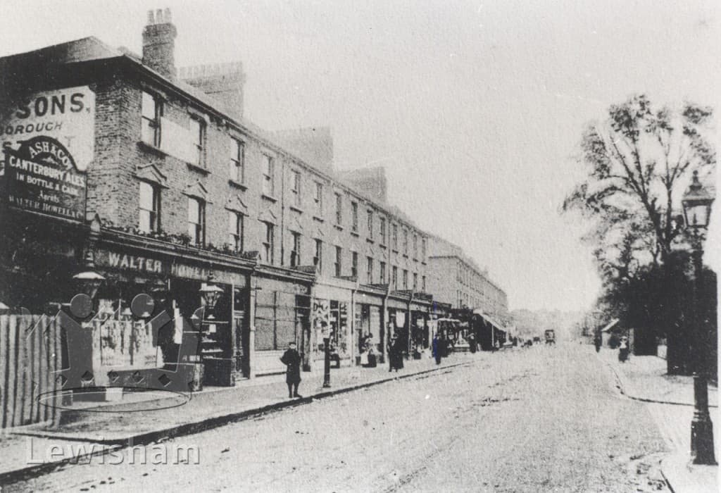 Early-20th Century photo showing HIther Green Lane, and section of Fox & Sons' painted sign.