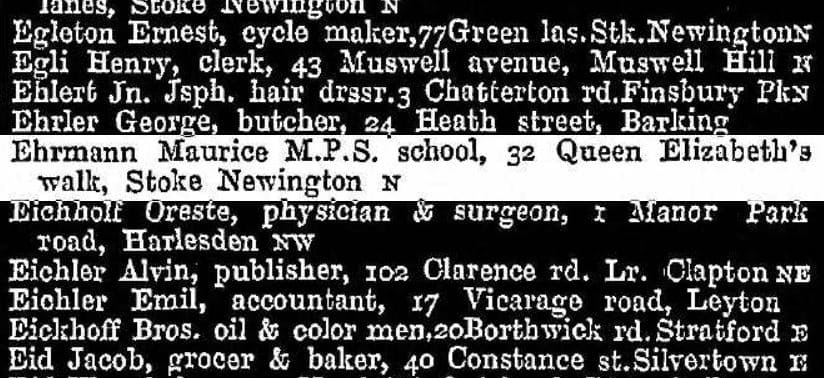 Street directory listing for schoolmaster Maurice Ehrmann.