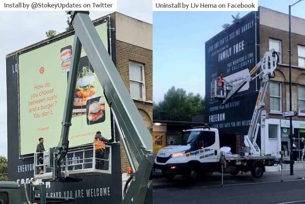 Installation and removal of a banner over a community mural.